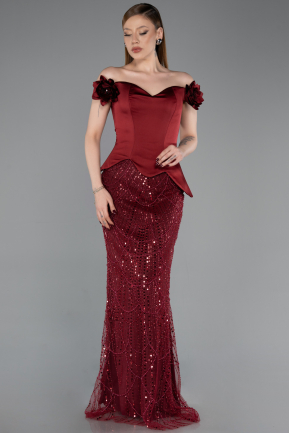 Robe De Soirée Perlé Longue Rouge Bordeaux ABU5616