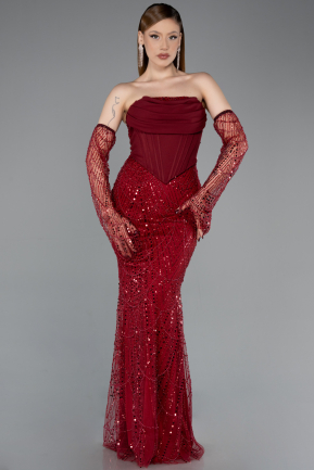 Robe De Soirée Perlé Longue Rouge Bordeaux ABU5922
