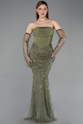 Robe De Soirée Perlé Longue Kaki ABU5922