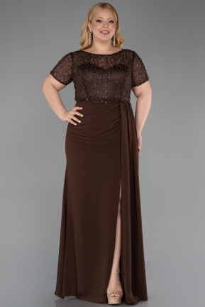 Robe de Soirée Grande Taille Longue Dantelle Brun ABU6102