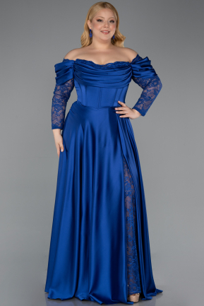 Robe Grande Taille Satin Longue Bleu Saxe ABU5261