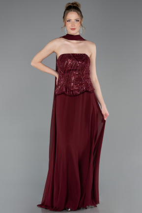 Robe de Soirée Longue Mousseline Rouge Bordeaux ABU6150