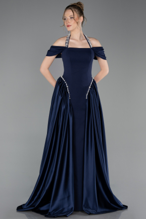 Robe De Soirée Satin Longue Bleu Marine ABU5995