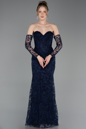 Robe de Soirée Longue Lacé Bleu Marine ABU6159