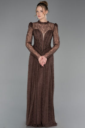 Robe de Soirée Longue Dantelle Brun ABU6160