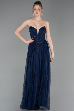 Robe de Soirée Longue Dantelle Bleu Marine ABU6160