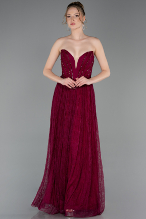 Robe de Soirée Longue Dantelle Prune ABU6160