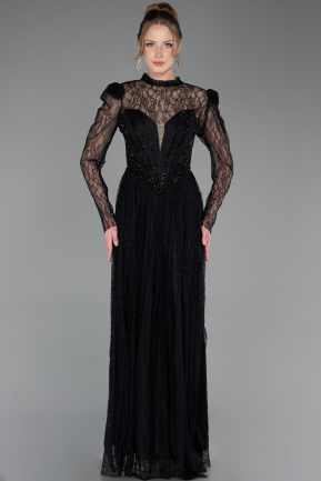 Robe de Soirée Longue Dantelle Noir ABU6160
