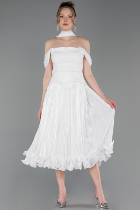 Robe de Cérémonie Midi Mousseline Blanc ABK2619