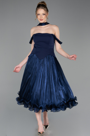 Robe de Cérémonie Midi Mousseline Bleu Marine ABK2619