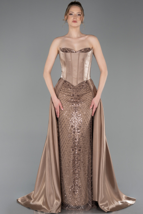 Robe de Soirée Longue Perlé Cappuccino ABU6125