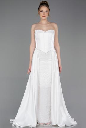 Robe de Soirée Longue Perlé Blanc ABU6125