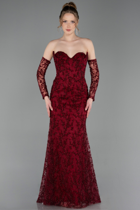 Robe de Soirée Longue Lacé Rouge Bordeaux ABU6159