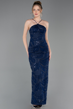 Robe De Soirée Squameuse Longue Bleu Marine ABU5713