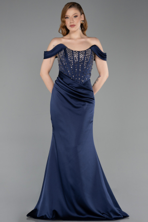 Robe Queue de Poisson Longue Satin Bleu Marine ABU6166