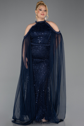 Robe de Soirée Grande Taille Longue Perlé Bleu Marine ABU6118