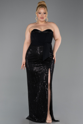 Robe de Soirée Grande Taille Longue Perlé Noir ABU5989