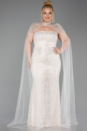 Robe de Soirée Grande Taille Longue Perlé Beige ABU6162