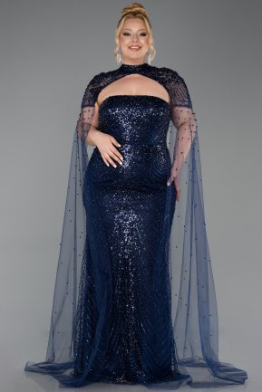 Robe de Soirée Grande Taille Longue Perlé Bleu Marine ABU6162