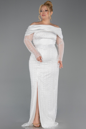 Robe de Soirée Grande Taille Longue Perlé Blanc ABU6187