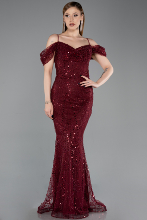 Robe de Soirée Longue Perlé Rouge Bordeaux ABU6190