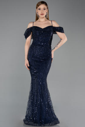 Robe de Soirée Longue Perlé Bleu Marine ABU6190