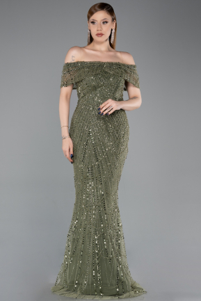 Robe De Soirée Perlé Longue Kaki Clair ABU5694
