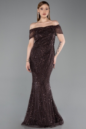 Robe De Soirée Perlé Longue Brun ABU5694