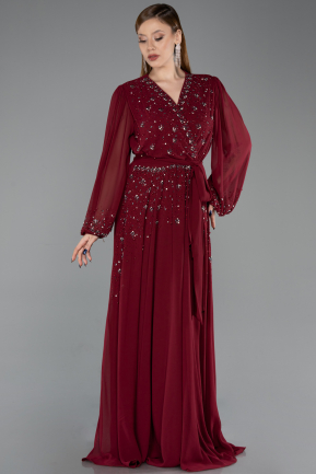 Robe De Soirée Grande Taille Mousseline Longue Rouge Bordeaux ABU3075