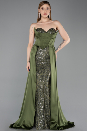 Robe de Soirée Longue Satin Kaki ABU6193