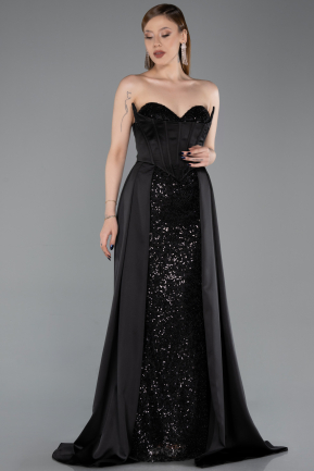 Robe de Soirée Longue Satin Noir ABU6193