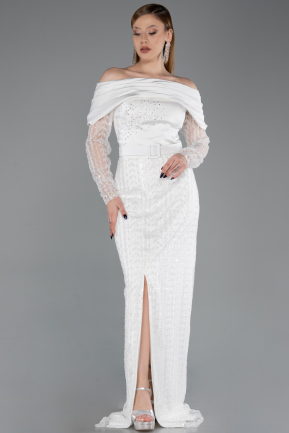 Robe de Soirée Longue Perlé Blanc ABU6186