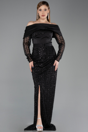 Robe de Soirée Longue Perlé Noir ABU6186