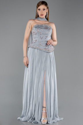 Robe De Soirée Mousseline Longue Anthracite ABU5786