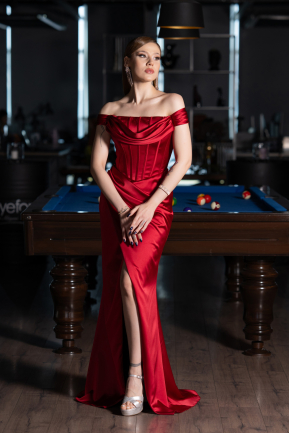 Robe De Soirée Satin Longue Rouge ABU5976