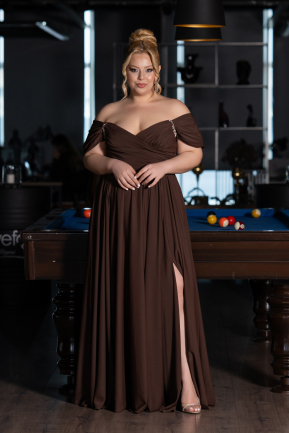 Robe De Soirée Grande Taille Mousseline Longue Brun ABU3738