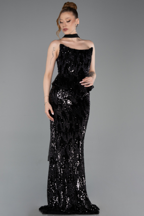 Robe de Soirée Longue Squameuse Noir ABU6202