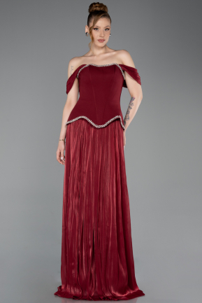 Robe de Soirée Longue Mousseline Rouge Bordeaux ABU6203