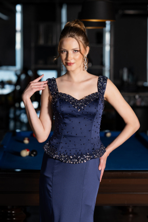Robe Queue de Poisson Longue Satin Bleu Marine ABU6155
