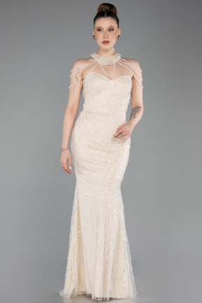 Robe De Soirée Perlé Longue Beige ABU6073