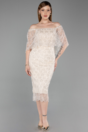 Robe de Cérémonie Midi Perlé Beige ABK2634