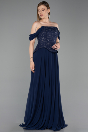 Robe de Soirée Longue Mousseline Bleu Marine ABU6221
