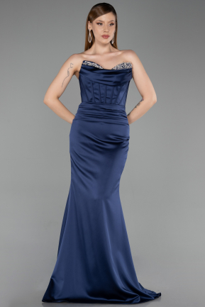Robe Queue de Poisson Longue Satin Bleu Marine ABU6222