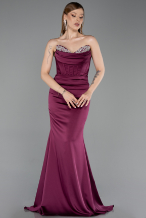 Robe Queue de Poisson Longue Satin Prune ABU6222