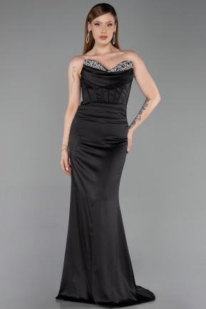 Robe Queue de Poisson Longue Satin Noir ABU6222