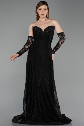 Robe de Soirée Longue Dantelle Noir ABU6229