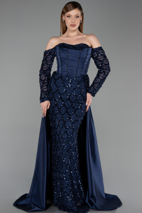 Robe de Soirée Longue Satin Bleu Marine ABU6230