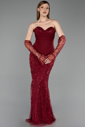 Robe de Soirée Longue Perlé Rouge Bordeaux ABU6232