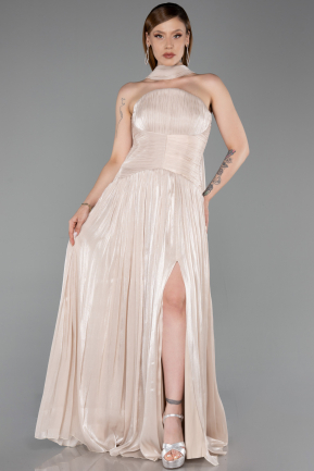 Robe de Soirée Longue Mousseline Beige ABU6635