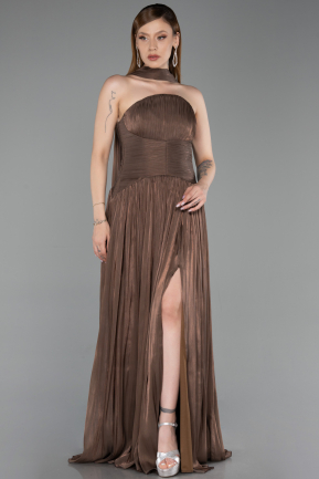 Robe de Soirée Longue Mousseline Brun ABU6233